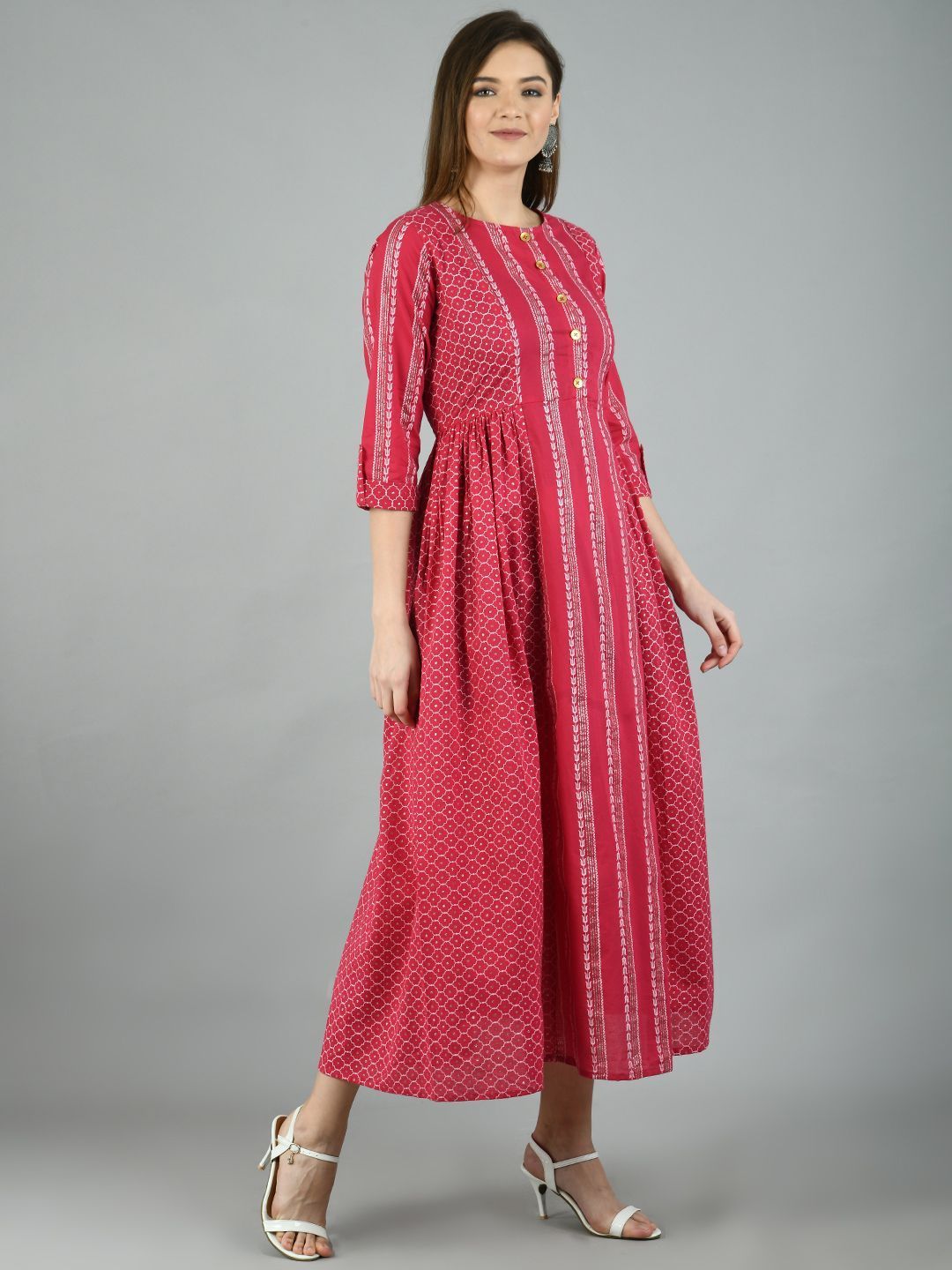 Women's Pink Cotton Printed 3/4 Sleeve Round Neck Casual Dress