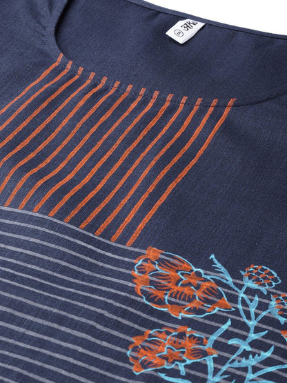 Women's  Navy Blue & Orange Block Print Straight Kurta