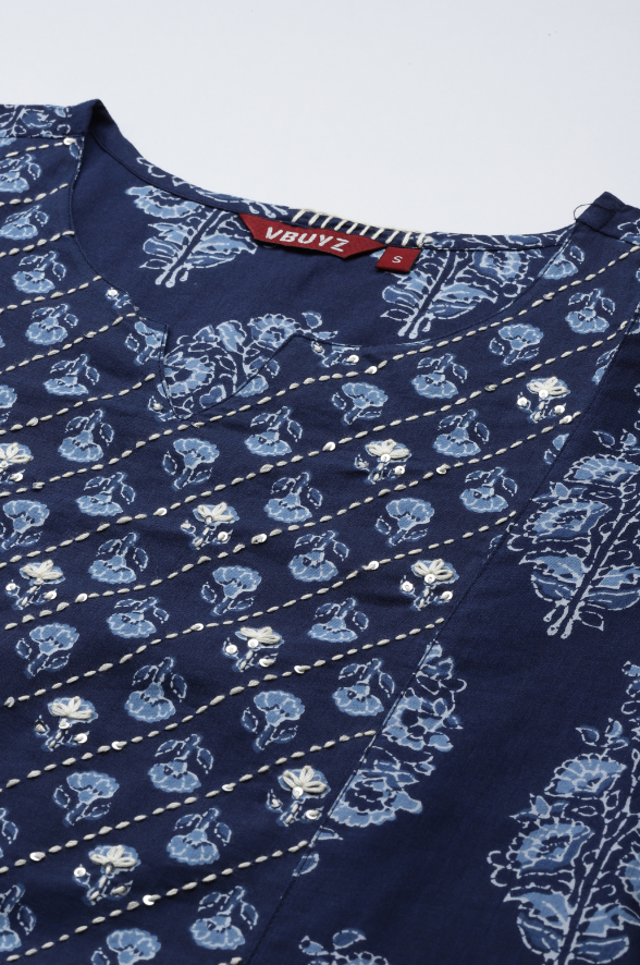Women's Print & Hand Work A-Line Cotton Blue Stitched Kurta