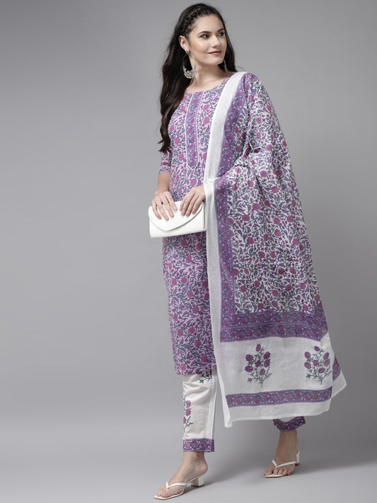 Women's Lavender & White Printed Kurta Set