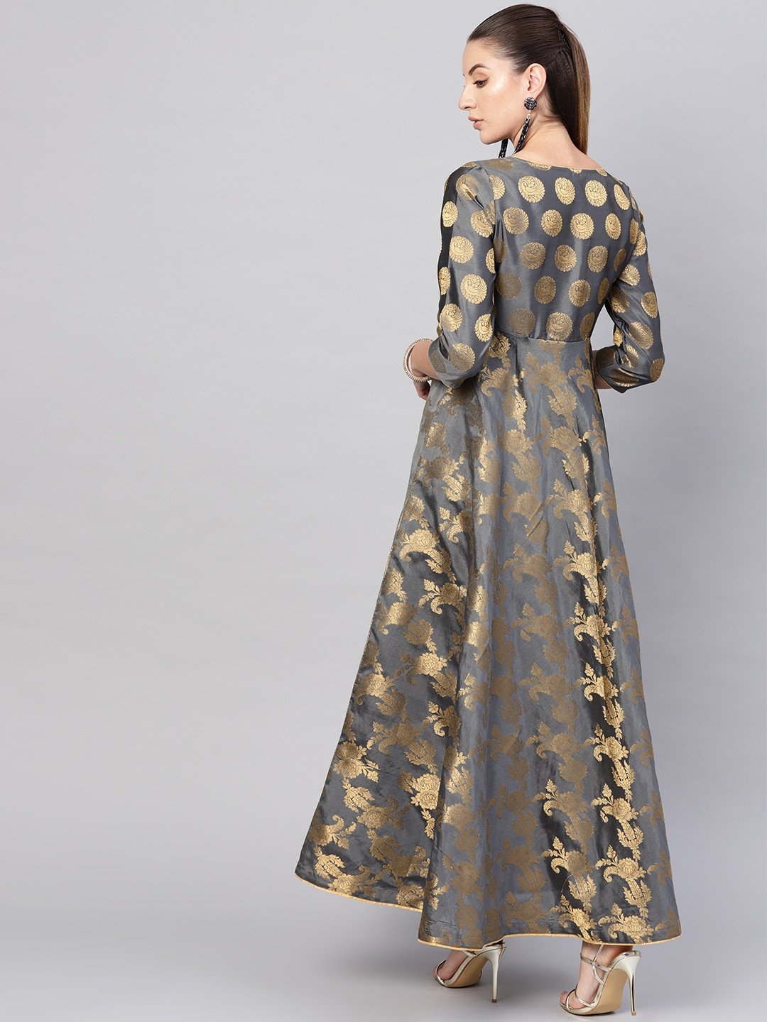 Women's  Charcoal Grey & Golden Self Design Empire Maxi Dress
