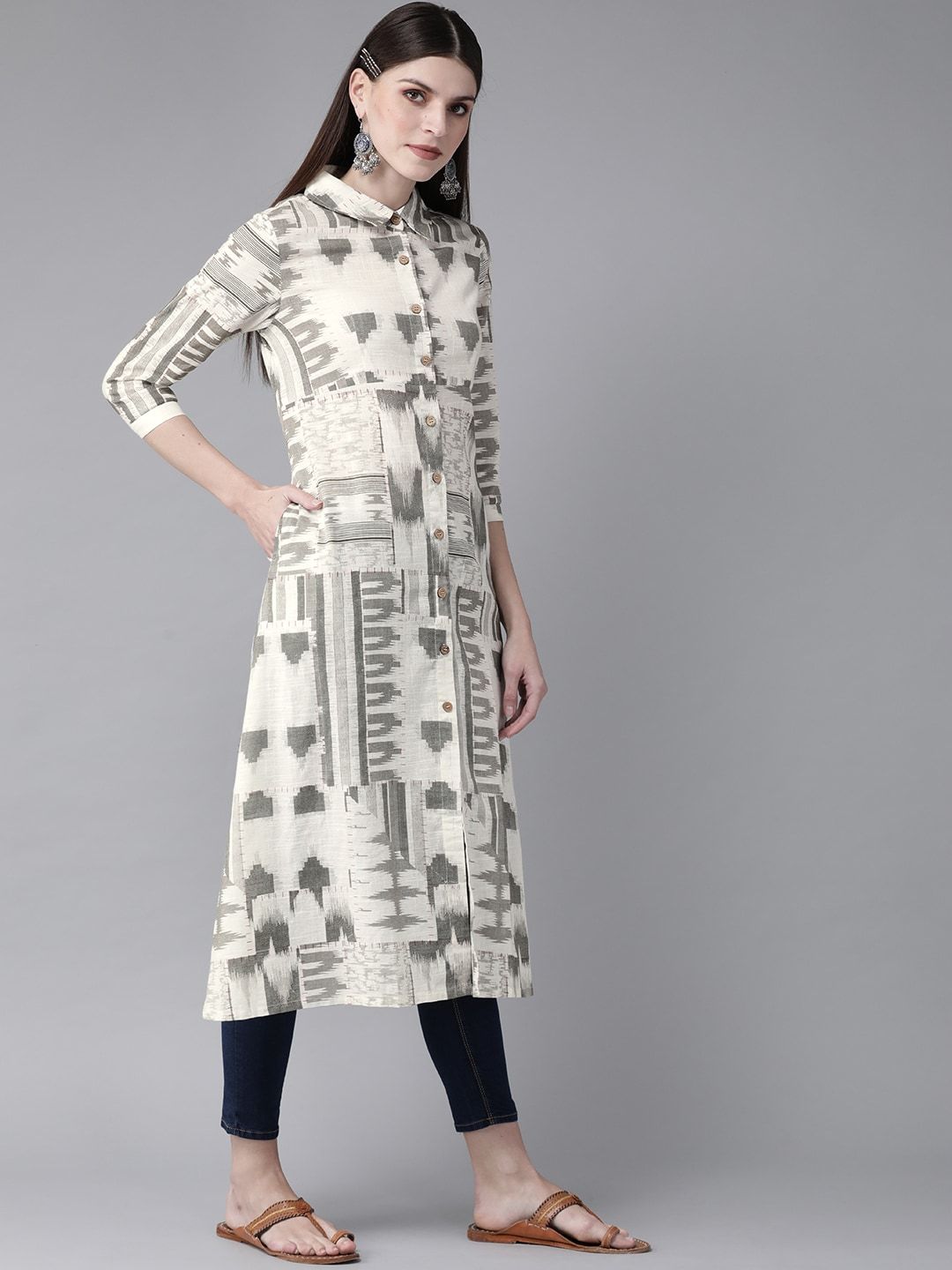 Women's  Off-White & Olive Green Printed A-Line Kurta