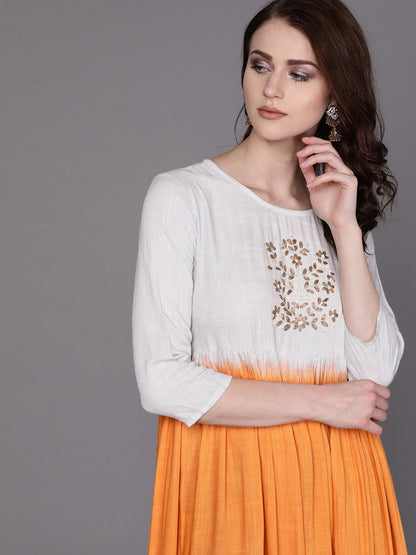 Women's  Orange & White Dyed A-Line Kurta
