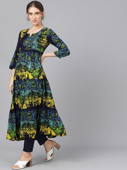 Women's  Navy Blue & Green Printed Anarkali Kurta