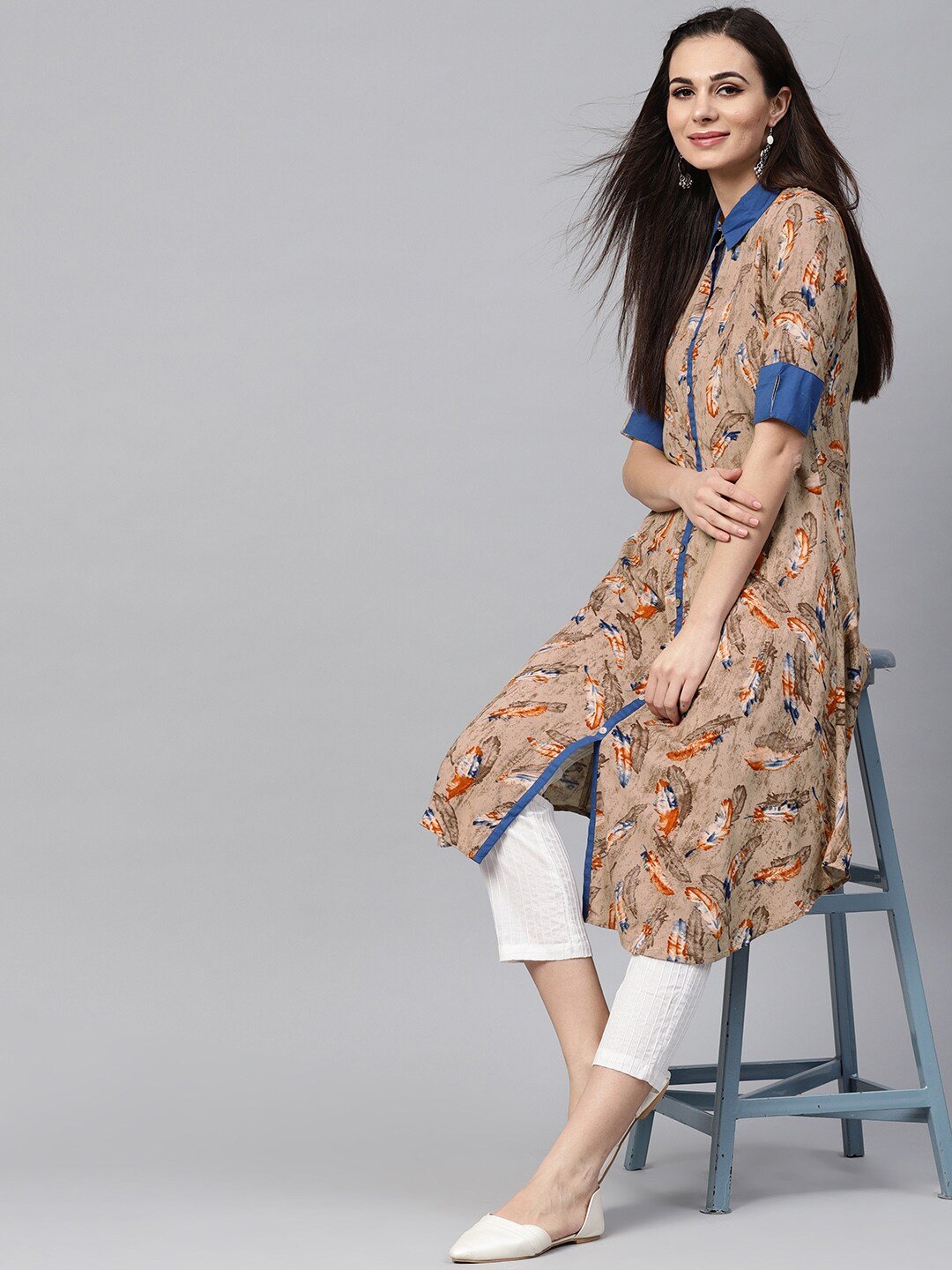Women's  Beige & Rust Orange Feather Print A-Line Kurta