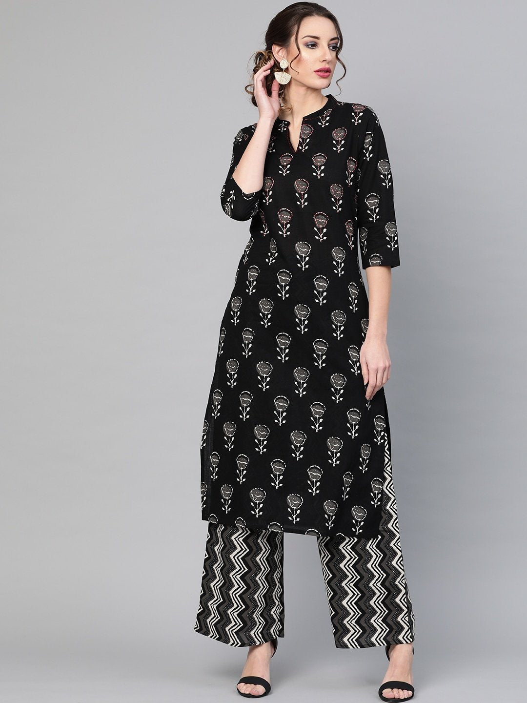 Women's  Black & Charcoal Grey Printed Kurta with Palazzos