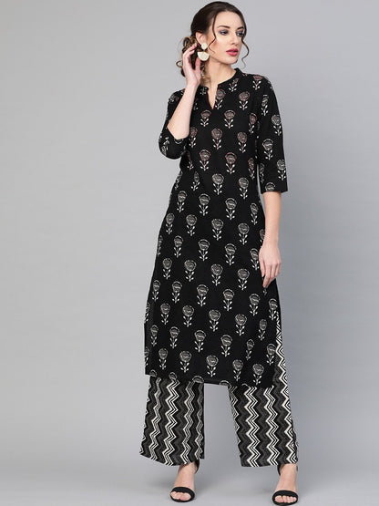 Women's  Black & Charcoal Grey Printed Kurta with Palazzos