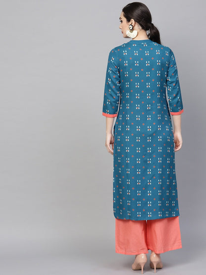 Women's  Teal Blue Printed Straight Kurta