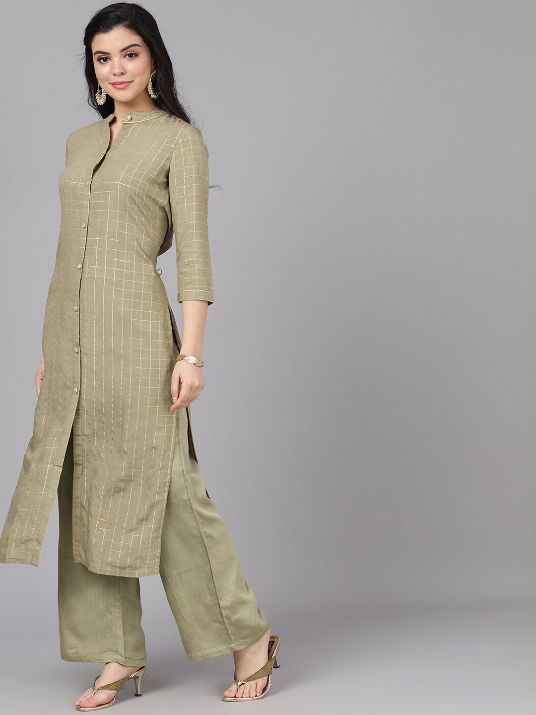 Women's  Olive Green & Gold-Coloured Printed Kurti with Palazzos