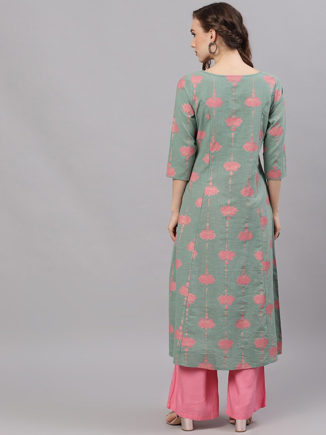 Women's  Green & Pink Printed A-Line Kurta