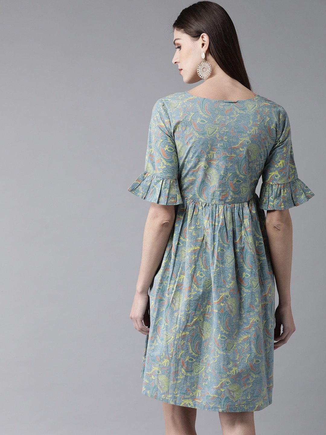 Women's  Blue & Yellow Printed A-Line Dress