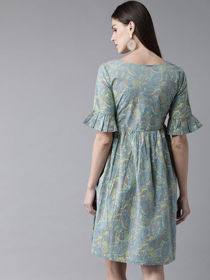 Women's  Blue & Yellow Printed A-Line Dress
