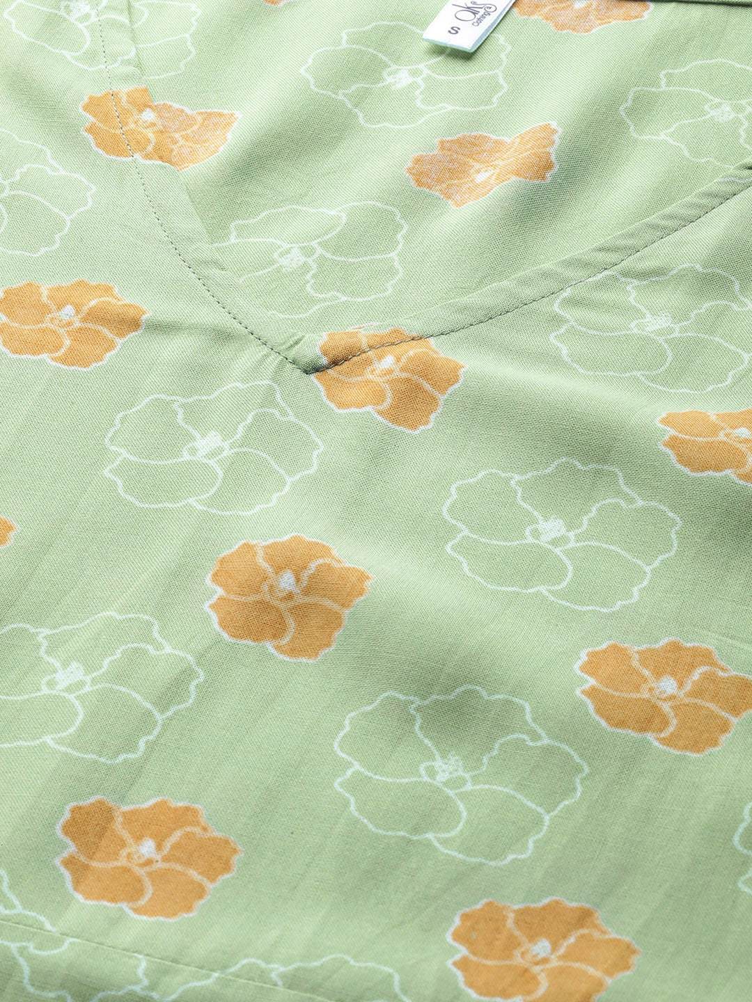 Women's  Green & Mustard Yellow Floral Printed Flutter Sleeves Long Tunic