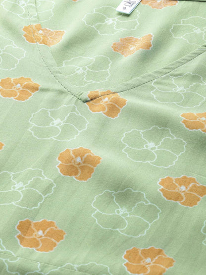 Women's  Green & Mustard Yellow Floral Printed Flutter Sleeves Long Tunic