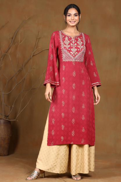Women's Wine Rayon Embroidered Straight Kurta