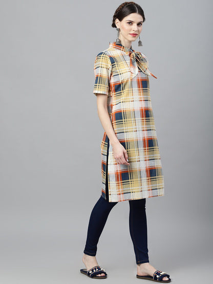 Women's  Yellow & Blue Checked Pathani Kurta
