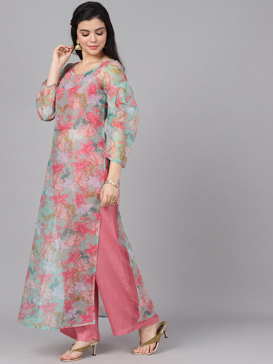 Women's  Pink & Green Printed Kurta with Palazzos