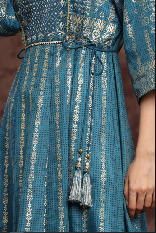 Women's Teal Shantoon Printed Anarkali Dress
