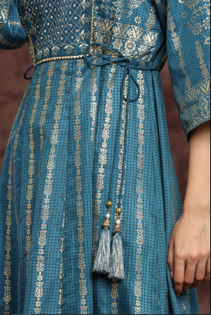 Women's Teal Shantoon Printed Anarkali Dress