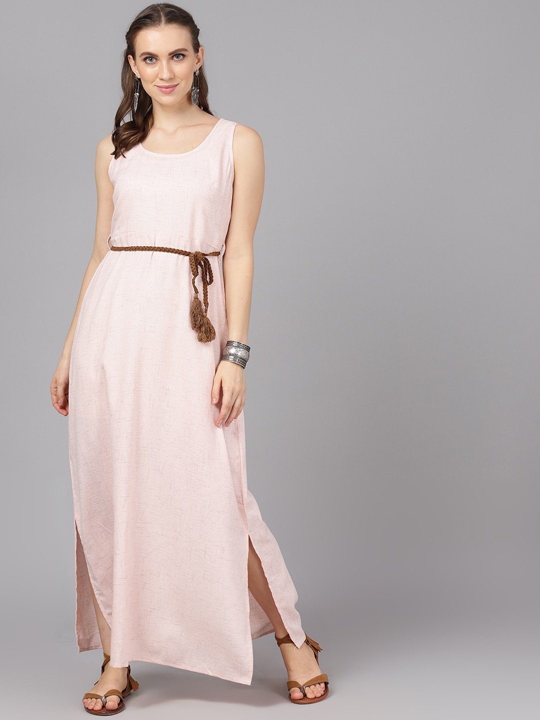 Women's  Peach-Coloured Self Design Maxi Dress