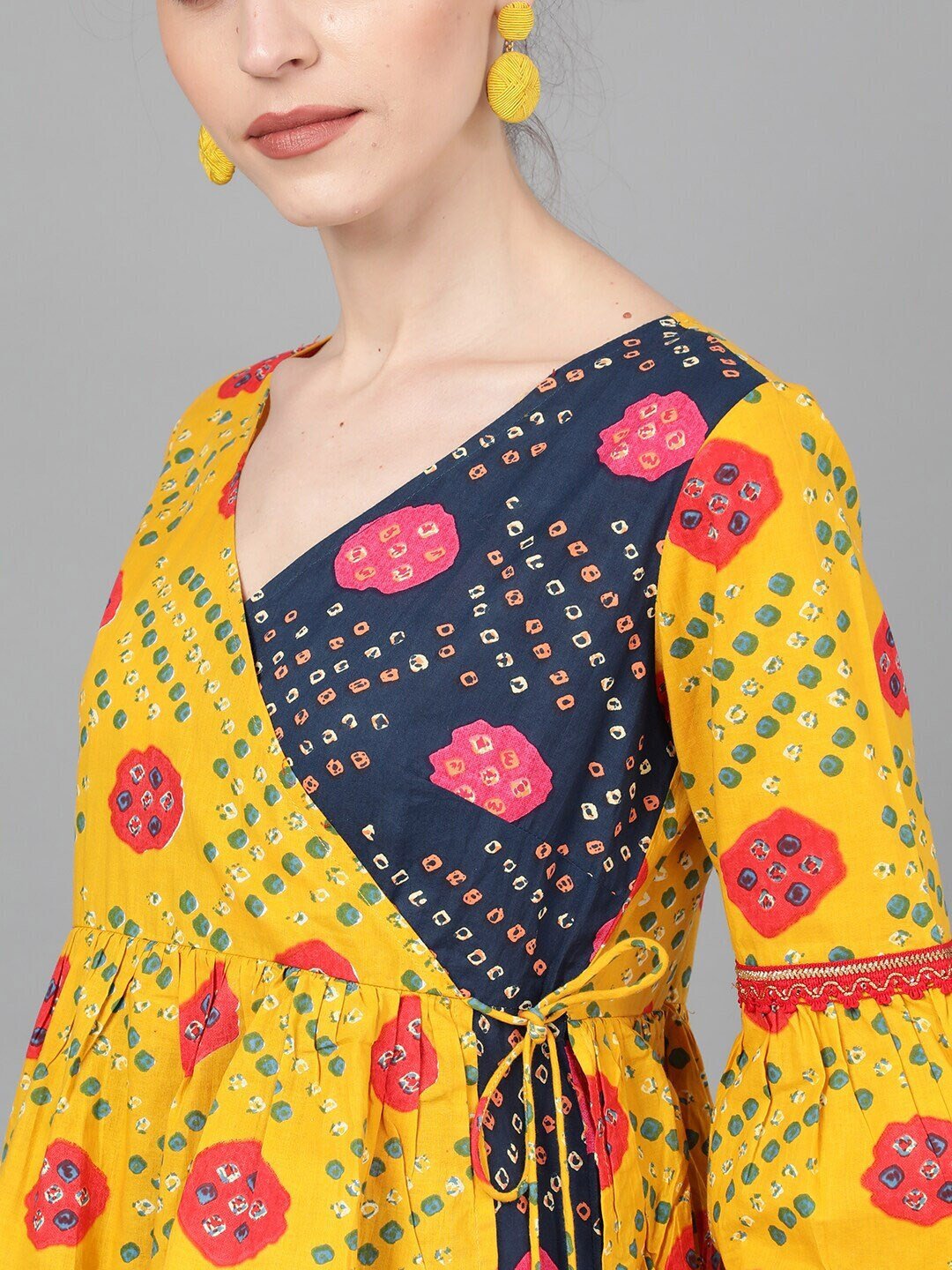 Women's  Navy Blue & Mustard Yellow Bandhani Printed Wrap Dress