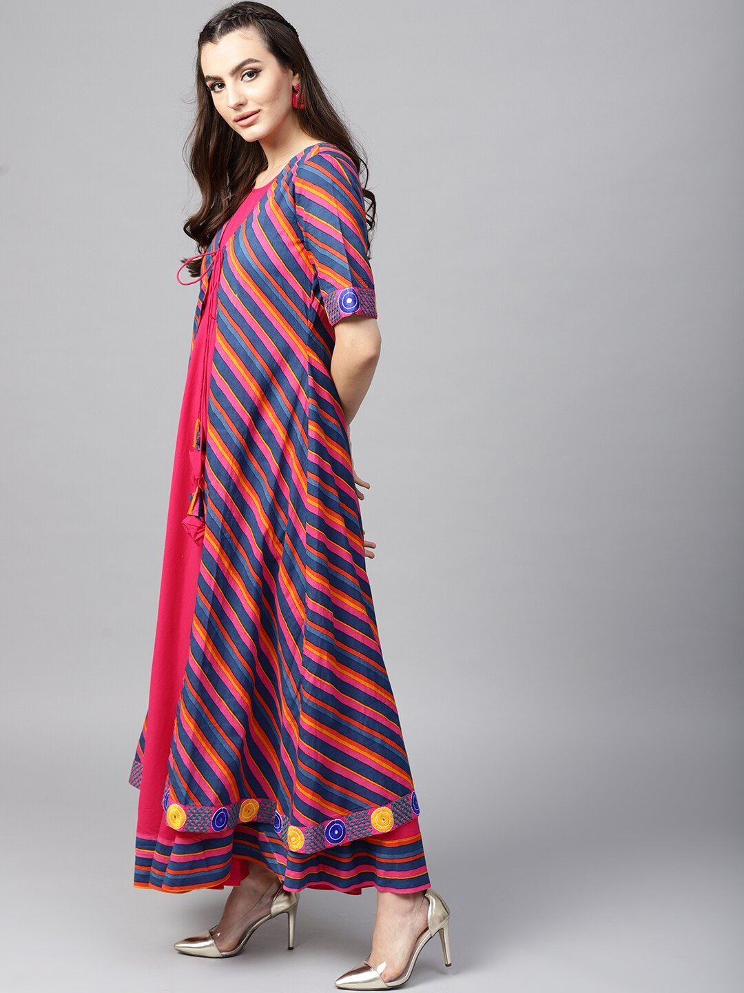 Women's  Blue & Magenta Leheriya Print Layered Anarkali Kurta