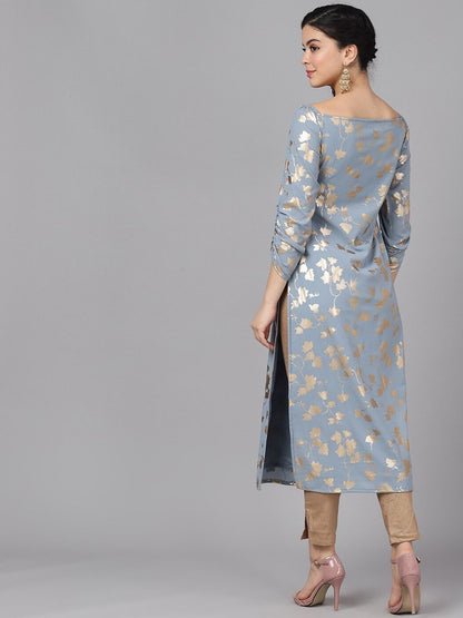 Women's  Grey & Gold-Toned Foil Printed Straight Kurta