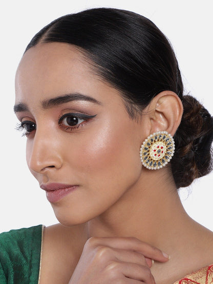 Women's  Gold Plated Round Kundan Pearl Meena Work Handcraft Cream Stud Earring