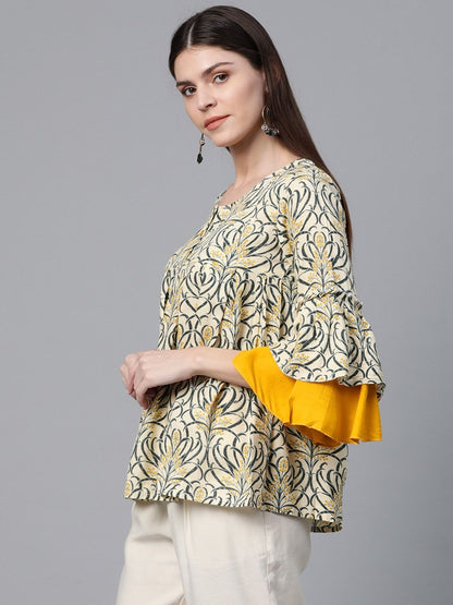 Women's Beige & Mustard Yellow Printed Tunic