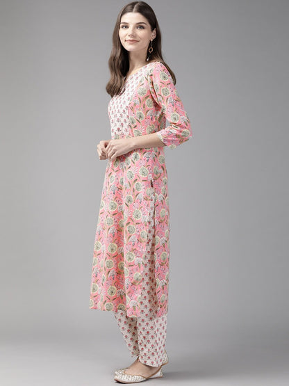 Women's Pink & Offwhite Printed Kurta Set