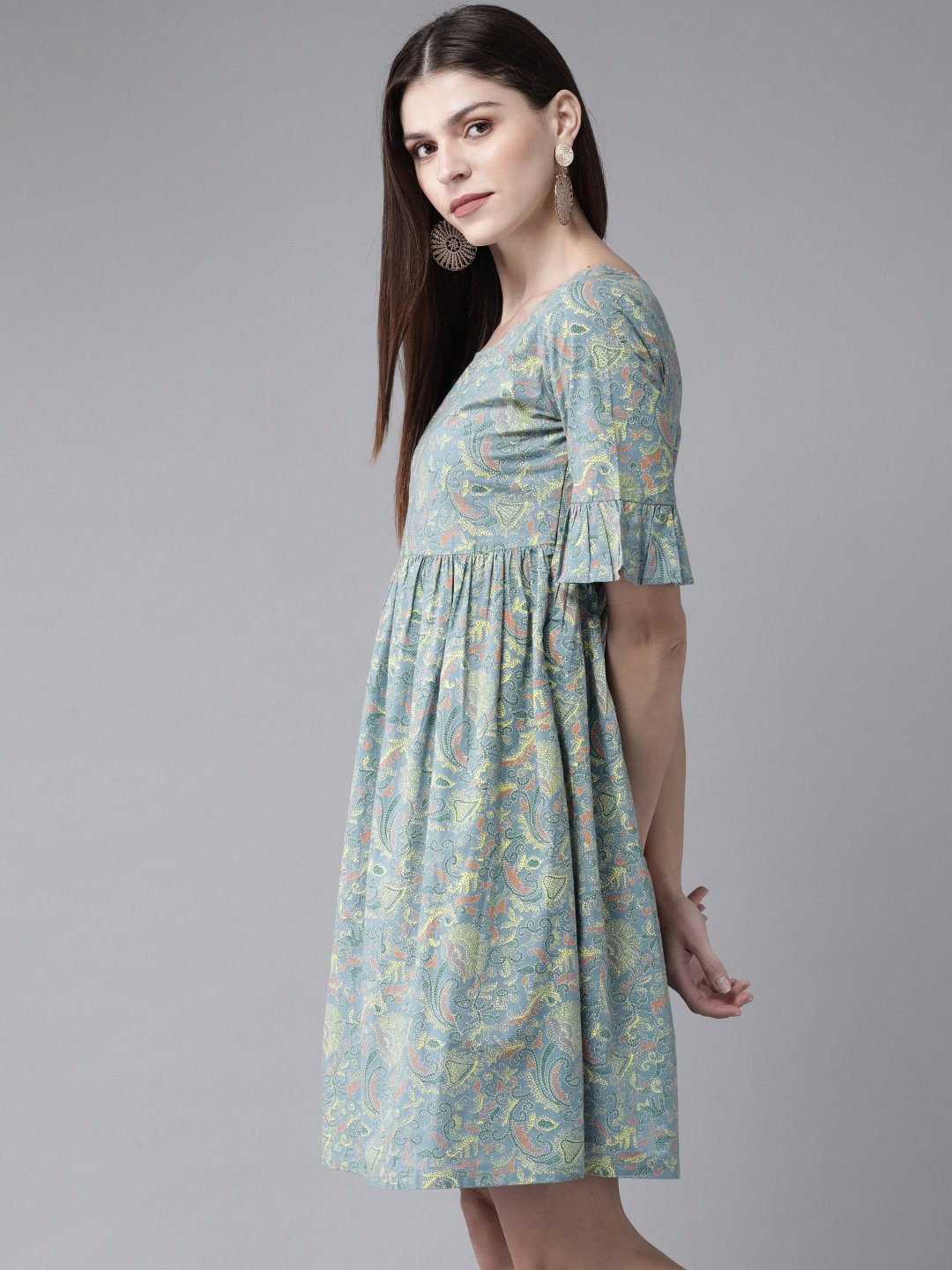 Women's  Blue & Yellow Printed A-Line Dress