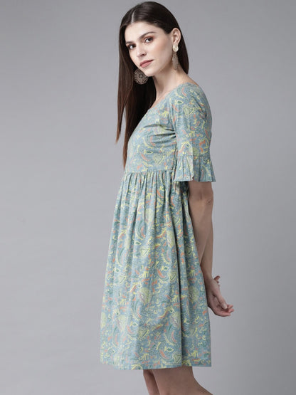 Women's  Blue & Yellow Printed A-Line Dress