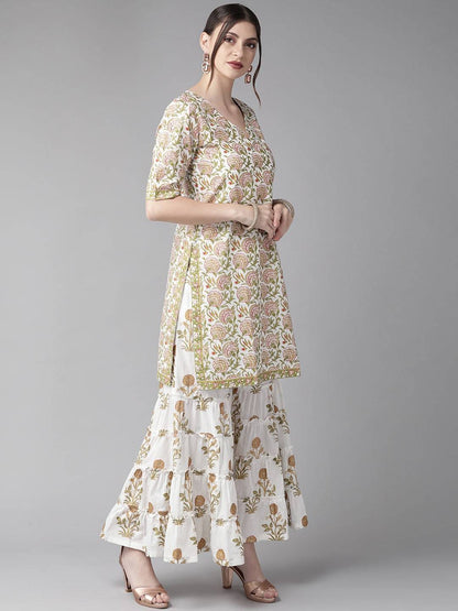 Women's  White & Olive Green Printed Kurta with Sharara