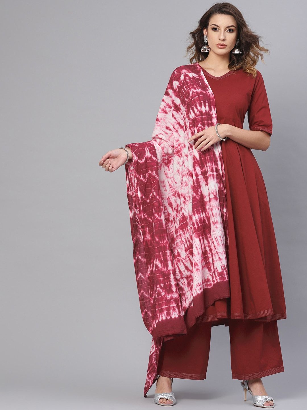 Women's  Maroon & Off-White Solid Kurta with Palazzos & Dupatta