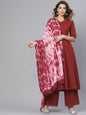 Women's  Maroon & Off-White Solid Kurta with Palazzos & Dupatta