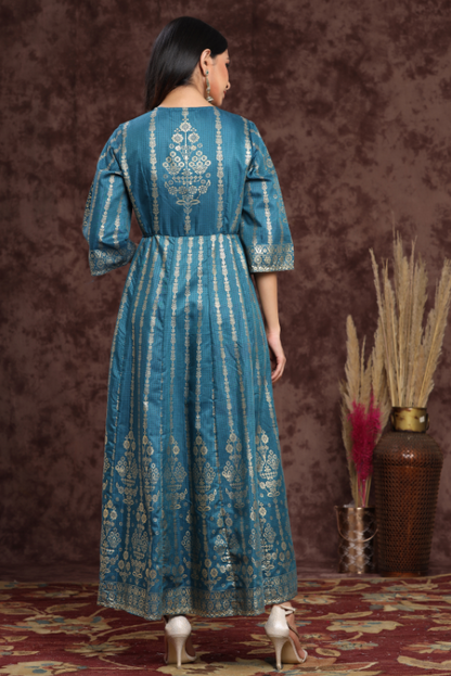 Women's Teal Shantoon Printed Anarkali Dress