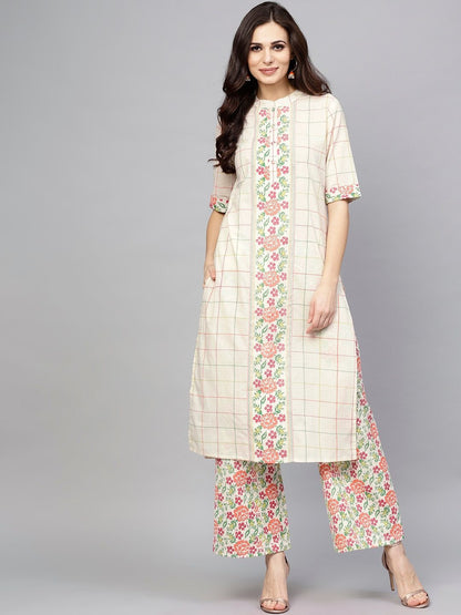 Women's  Off-White & Pink Checked Kurta with Palazzos