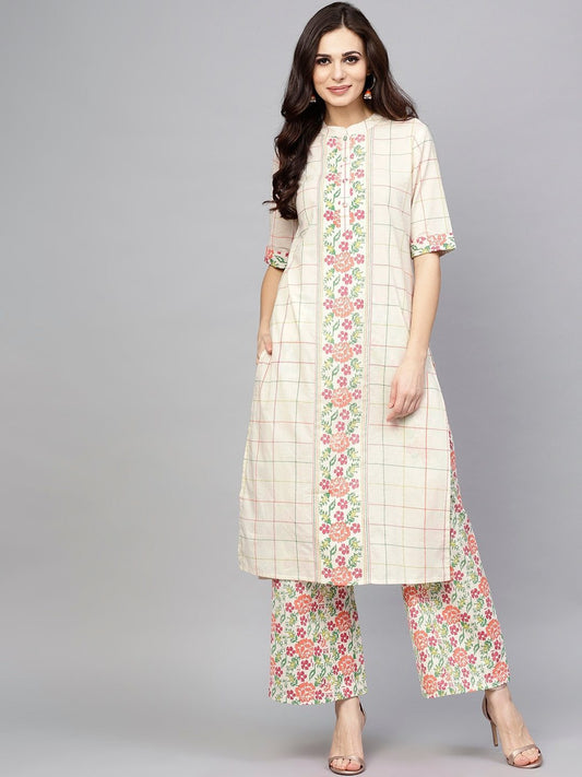 Women's  Off-White & Pink Checked Kurta with Palazzos