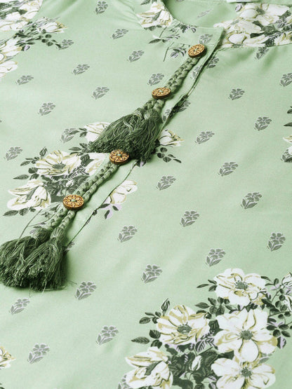 Women's  Green & Grey Floral Print Straight Kurta