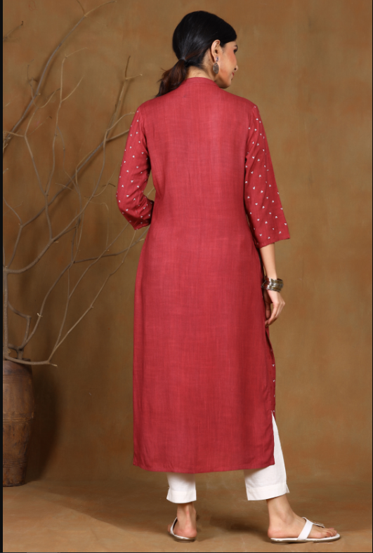 Women's Rayon Slub Embellished Straight Kurta
