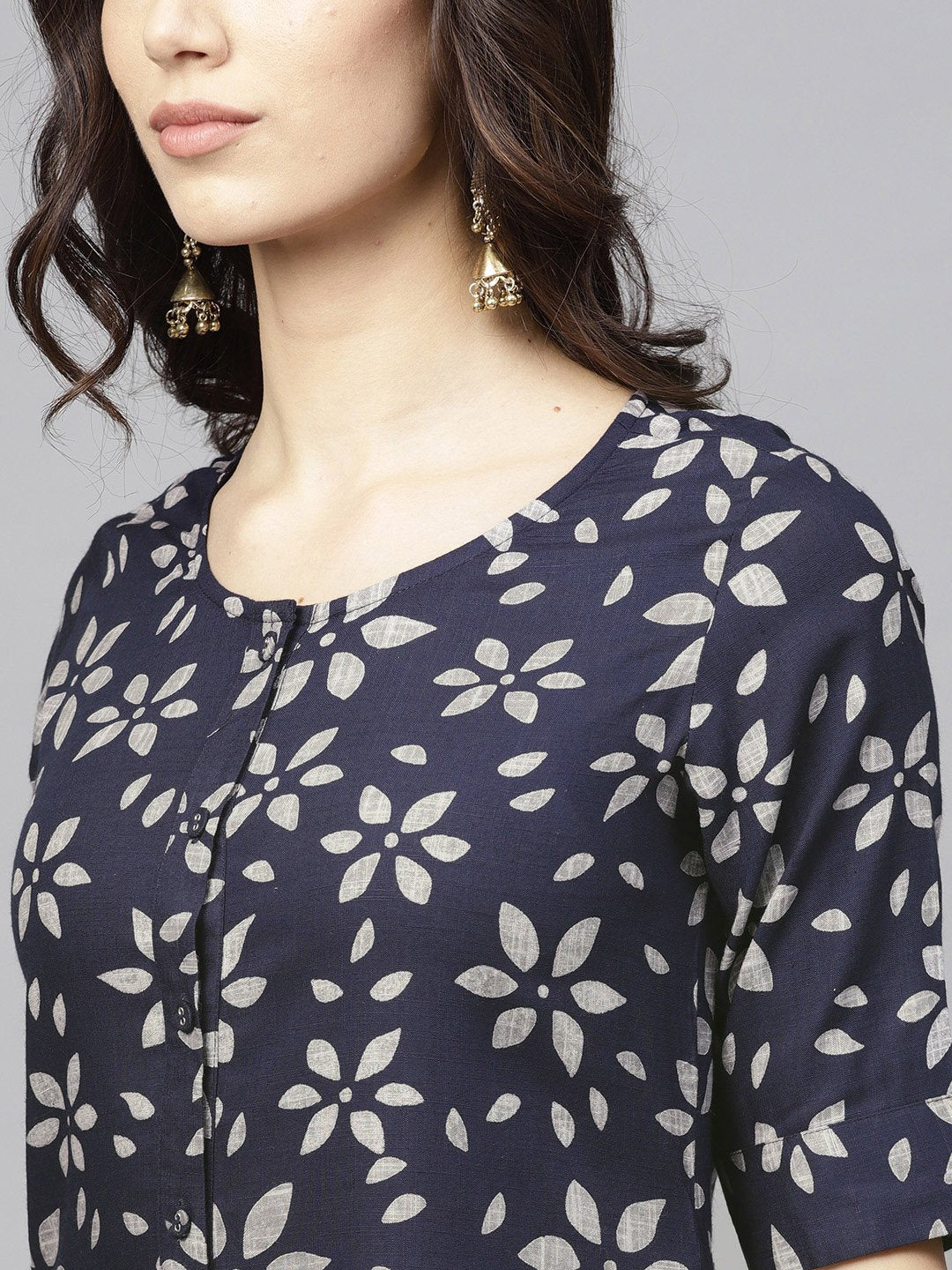 Women's  Navy Blue & Grey Printed Straight Kurta