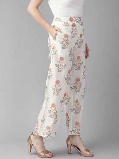 Women's  White & Rust Red Printed Straight Palazzos