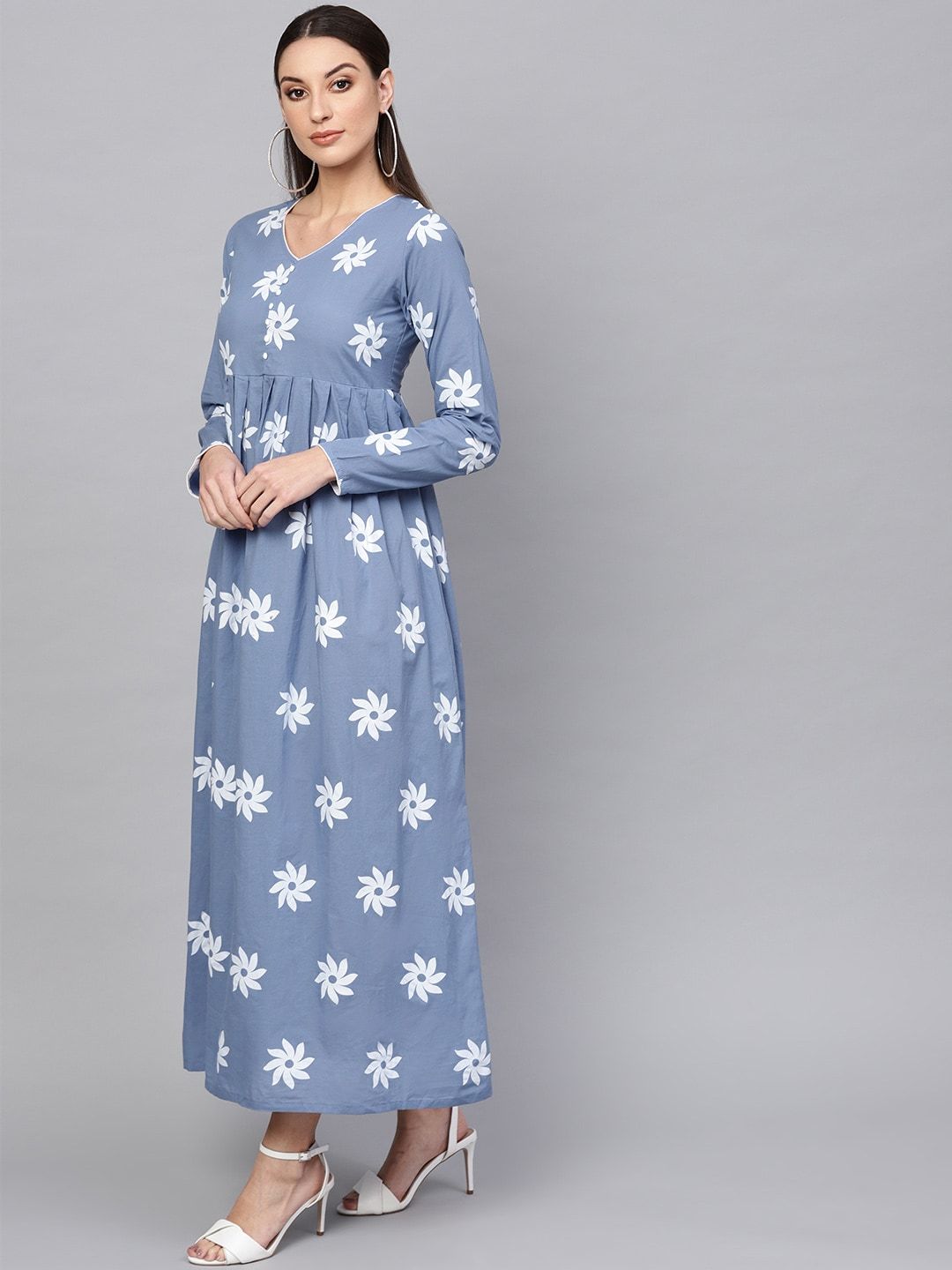 Women's  Blue & White Floral Khari Print Maxi Dress