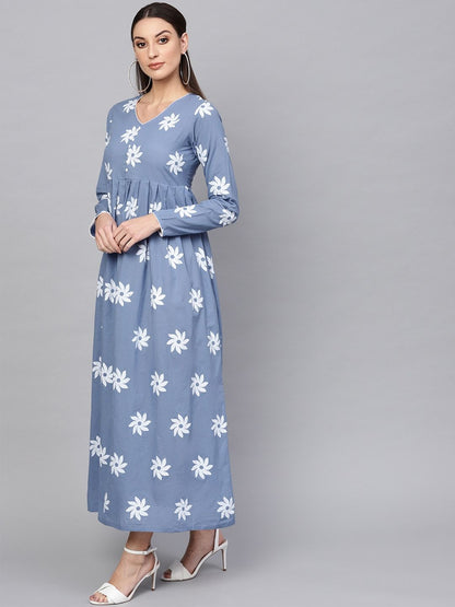 Women's  Blue & White Floral Khari Print Maxi Dress