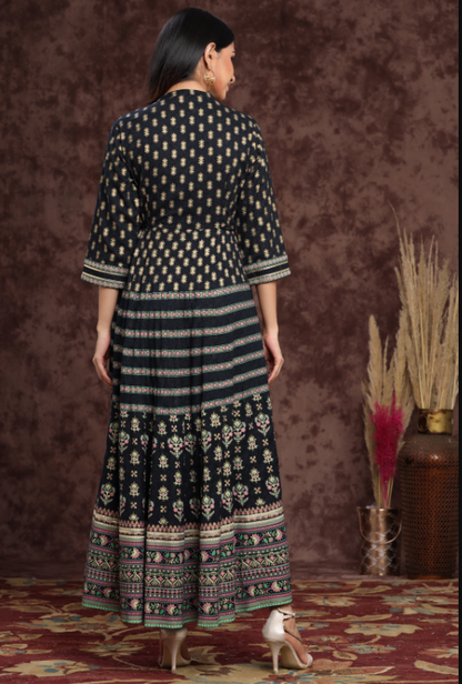 Women's Darkblue Rayon Embroidered Flared Dress