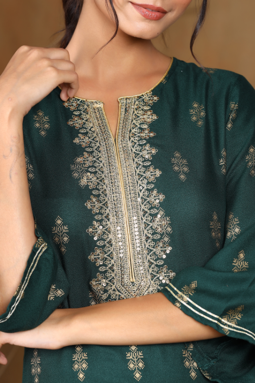 Women's Jadegreen Rayon Moss Printed Straight Kurta