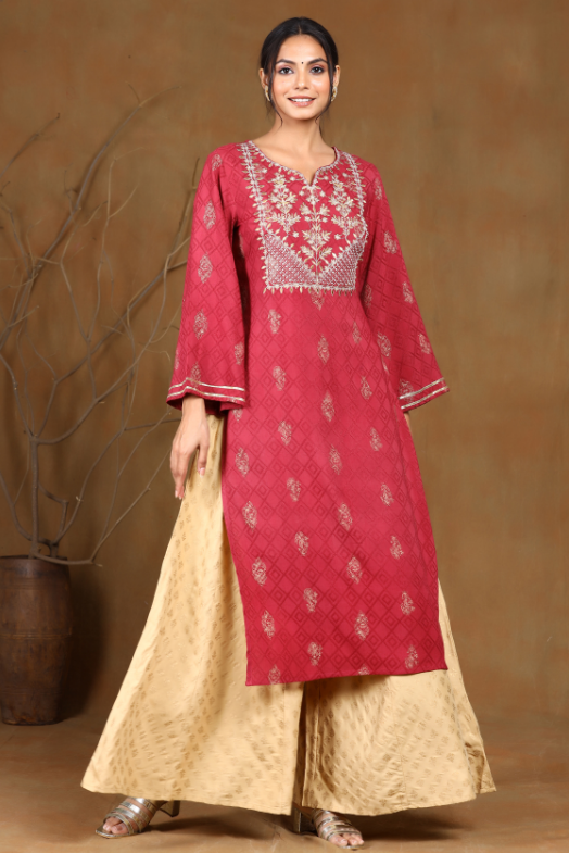 Women's Wine Rayon Embroidered Straight Kurta
