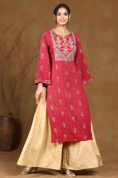 Women's Wine Rayon Embroidered Straight Kurta