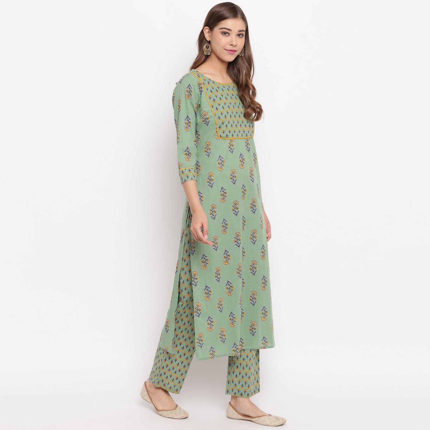 Women's Floral Print Straight Cotton Pista Kurta With Palazzo
