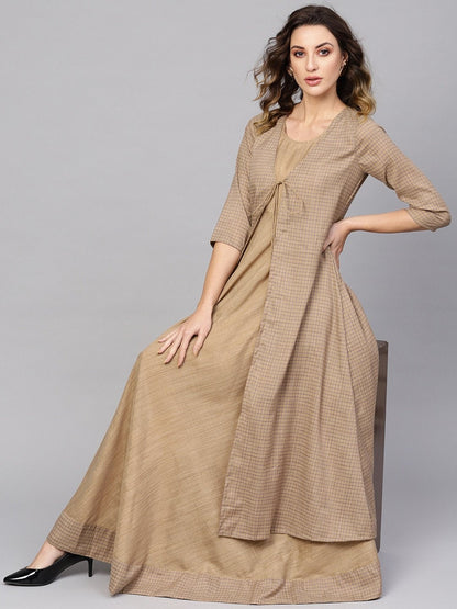 Women's  Beige & Blue Checked Maxi Dress